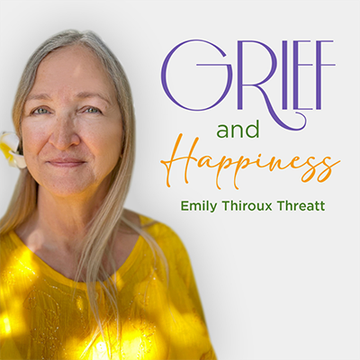 Portrait of a woman with 'Grief and Happiness' text.