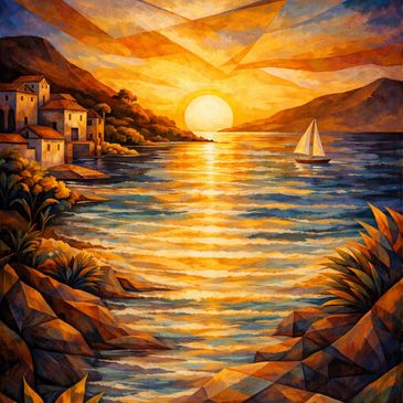Golden sunset over a peaceful ocean with sailboat and coastal cliffs, representing new release music
