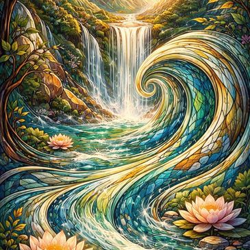 Vibrant circular DJ Dave artwork of a cascading waterfall merging into a powerful ocean wave 