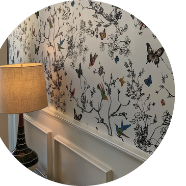 Wallpaper, Birds, Butterfly, Art, finish carpentry, white paneling, lamp, installers, colored design
