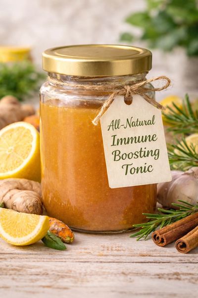 Jar of all-natural immune boosting tonic surrounded by fresh ingredients.