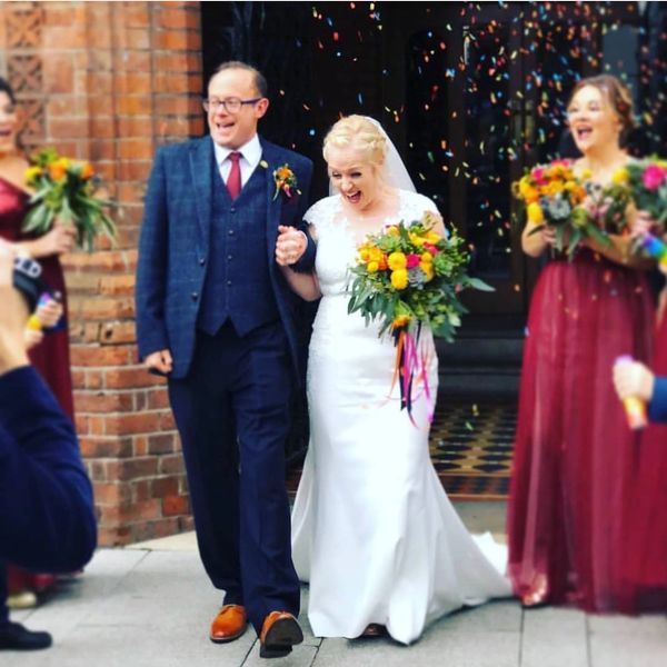 bride and groom coming out of the Town Hall in Reading