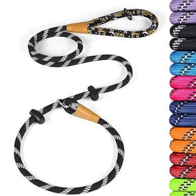 Black and white patterned dog leash with adjustable loops and colorful options.