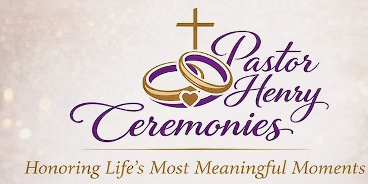 Logo for Pastor Henry Ceremonies with wedding rings and a cross.