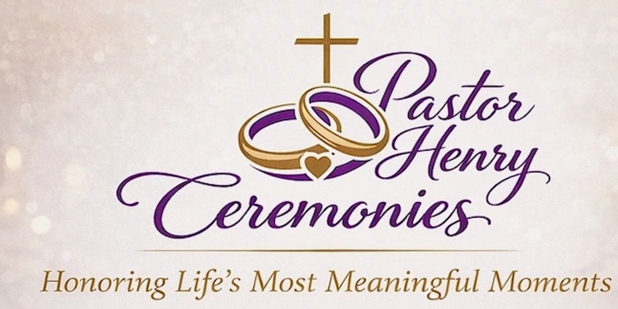 Logo for Pastor Henry Ceremonies with wedding rings and a cross. Weddings, Funerals, Celebration of LIfe. 
