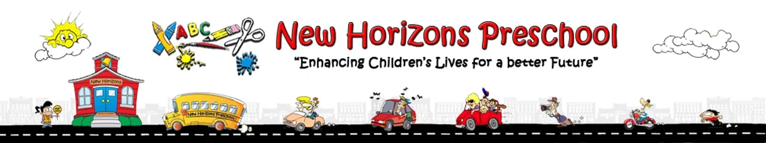 A banner with colorful illustrations and the New Horizons Preschool I & II logo