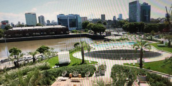 Parque urbano con laguna y edificios altos al fondo.