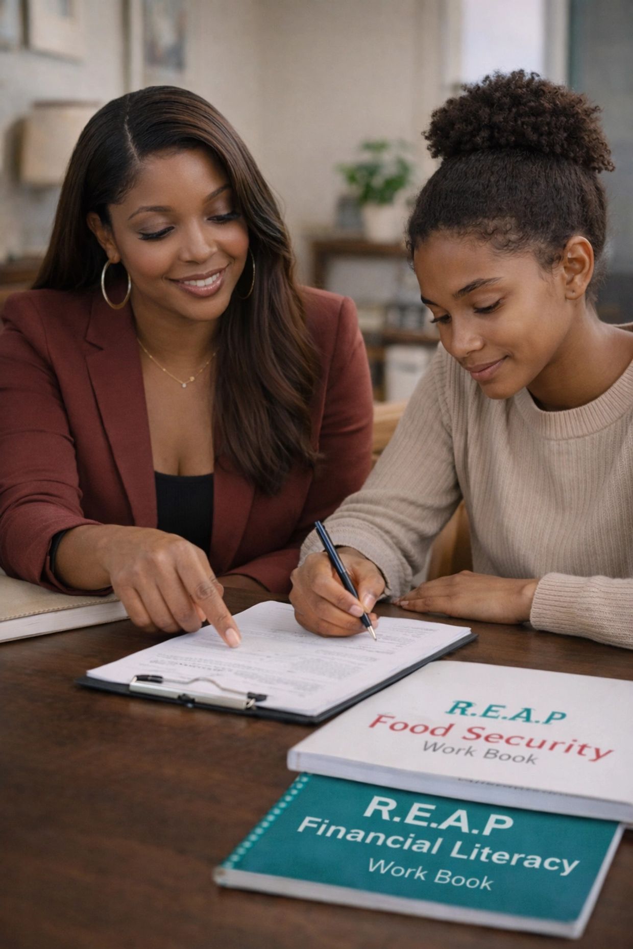 A woman guides a young girl filling out a form with workbooks on food security and financial literacy.