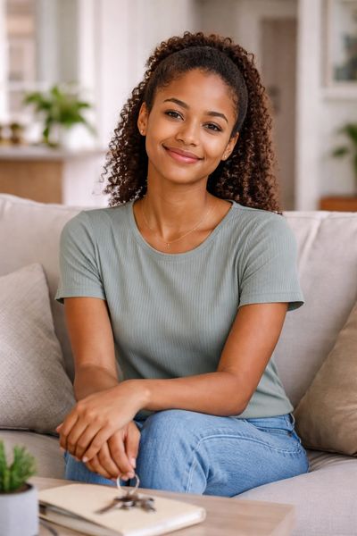 Young woman sitting on a couch, smiling warmly.