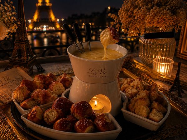 Cozy French fondue setup with bread and pretzels by candlelight and Eiffel Tower decor.