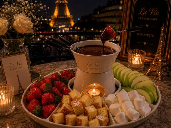 Chocolate fondue with strawberries, cake cubes, marshmallows, and apple slices at a French café.