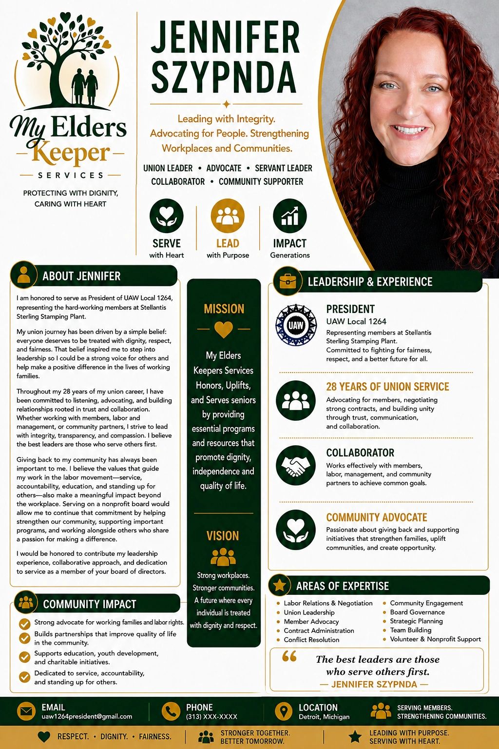 Profile flyer for Jennifer Szypnda, UAW Local 1264 President and advocate for elders.