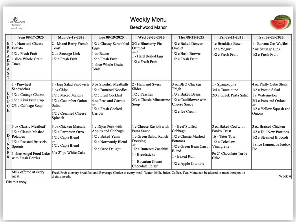 A one week sample menu of meals at Beechwood Manor in St Clair Shores, MI.