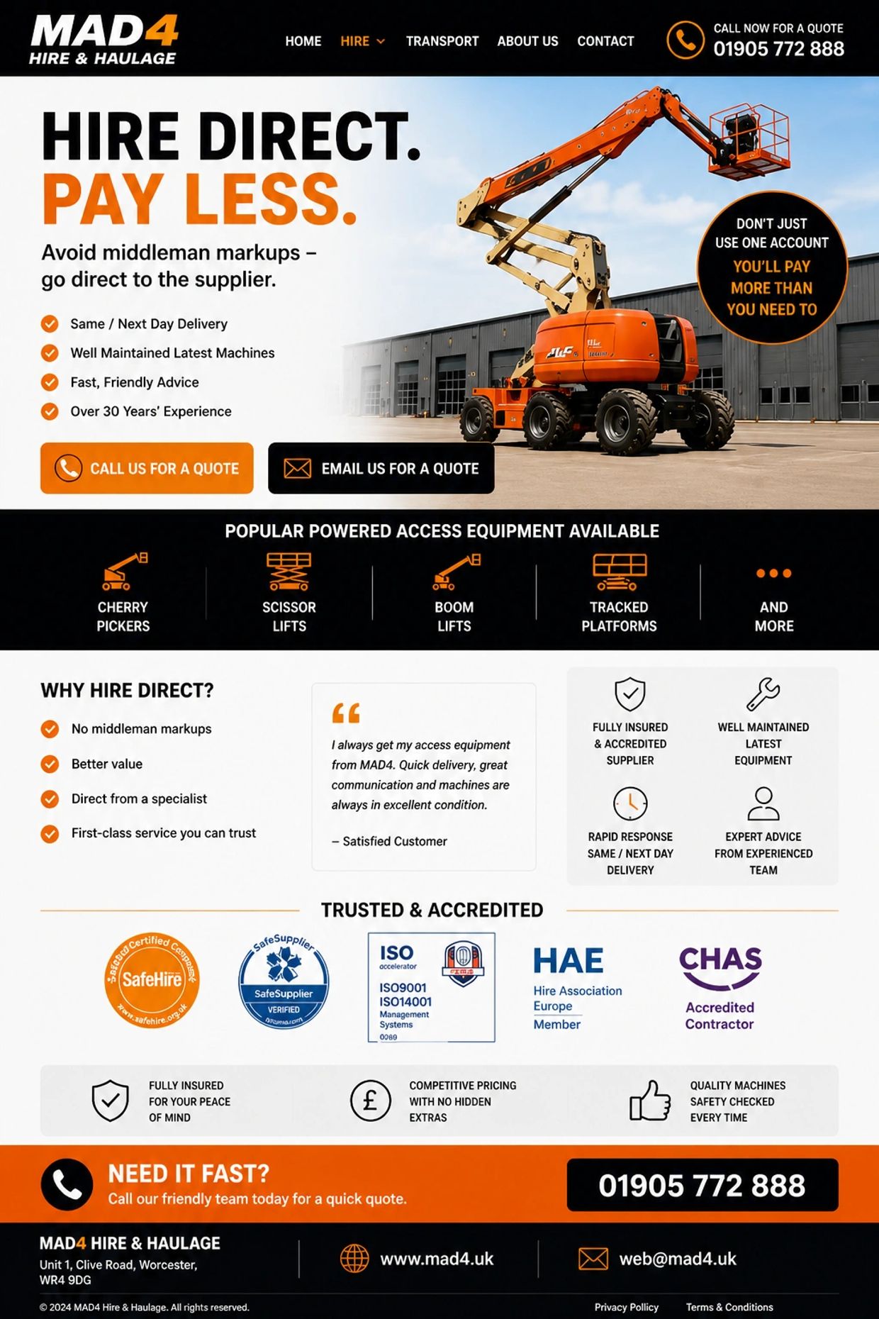 MAD4 Hire &amp; Haulage advertises direct equipment hire with no middleman markups and fast delivery.