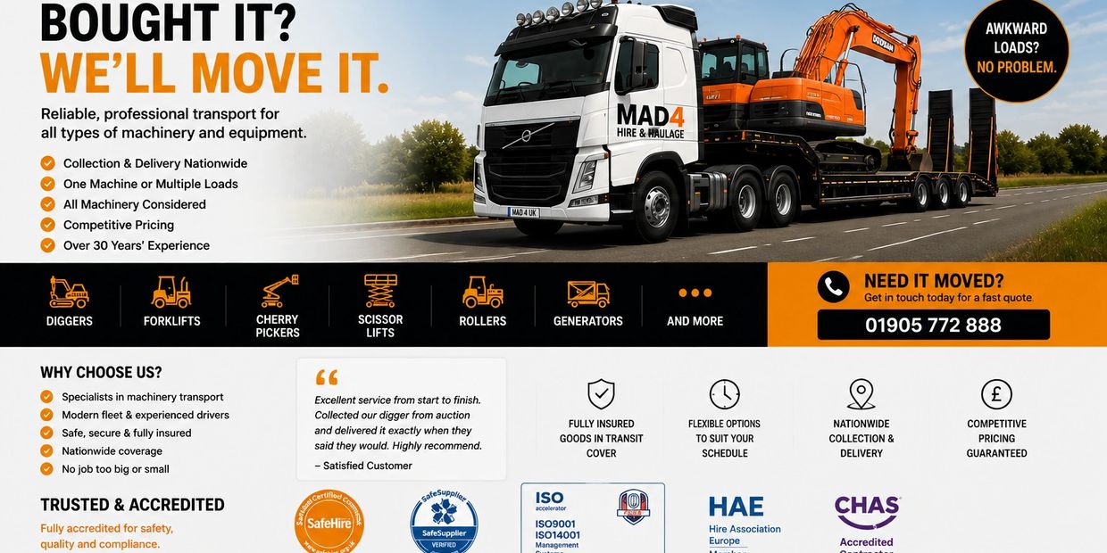 Professional machinery transport service with nationwide delivery and competitive pricing.