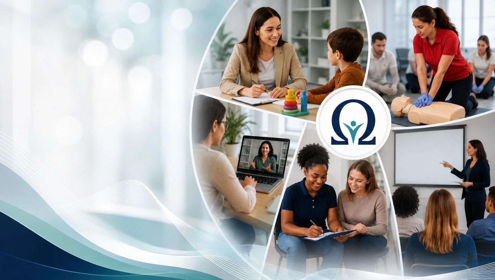 Collage showing therapy, CPR training, online counseling, and group education sessions.