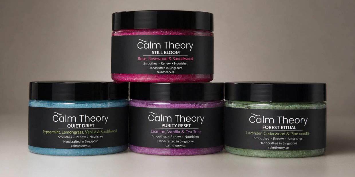 Calm Theory skincare jars in vibrant colors with natural scents and handcrafted in Singapore.