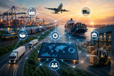 Global logistics network connecting air, sea, and land transportation with digital tracking.