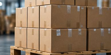 Stack of sealed cardboard boxes on a wooden pallet in a warehouse.