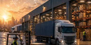 Trucks loading at a warehouse during sunset with workers active.