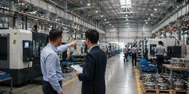 Two men discussing inside a large, busy manufacturing facility.