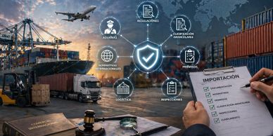 Visual representation of import logistics with checklist and transportation elements.