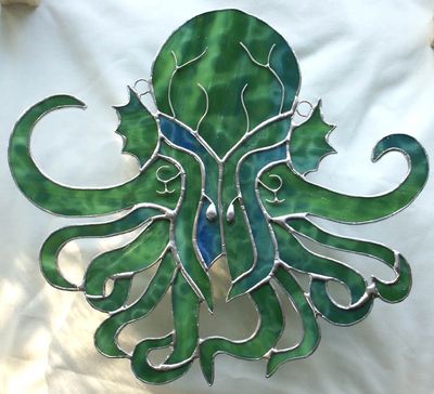 Stained Glass Cthulu Elder God Suncatcher. "Great Old One". A fictional deity created by Lovecraft 