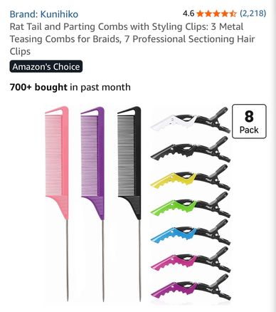 Shop Amazon for parting Combs and Clips  I use for Precision parting and neat sections for braiding.
