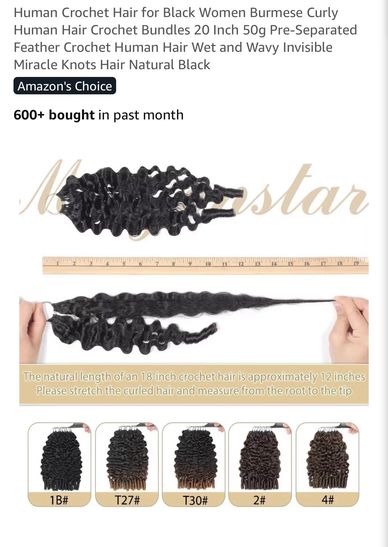 Curly Burmese human hair crochet bundles for black women, 20 inches long, natural black.
