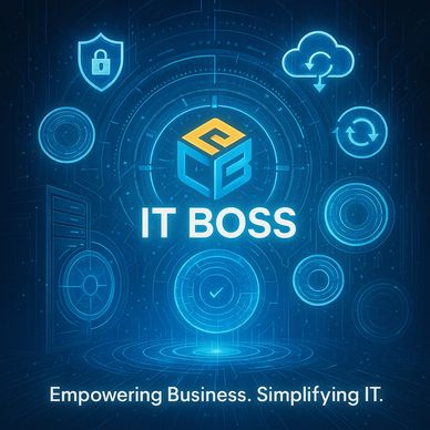 Futuristic IT Boss logo with digital security and cloud icons on a blue tech background.