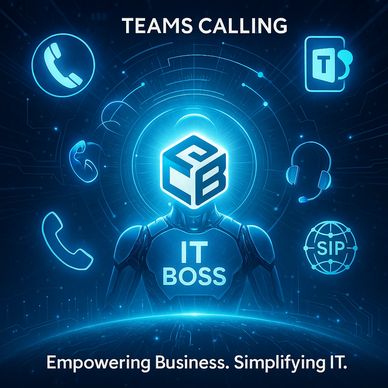 Futuristic IT boss with Teams Calling icons, empowering business and simplifying IT.