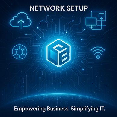 Digital network setup with cloud, Wi-Fi, and device icons glowing blue.