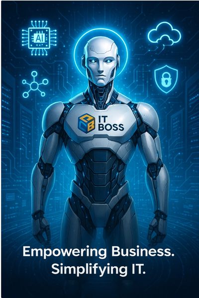 Futuristic robot with IT BOSS logo symbolizes advanced IT solutions and business empowerment.