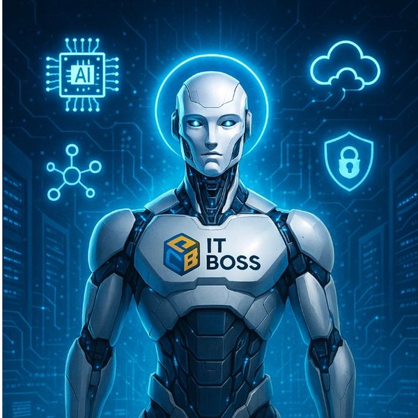 Futuristic robot with IT BOSS logo symbolizes advanced IT solutions and business empowerment.