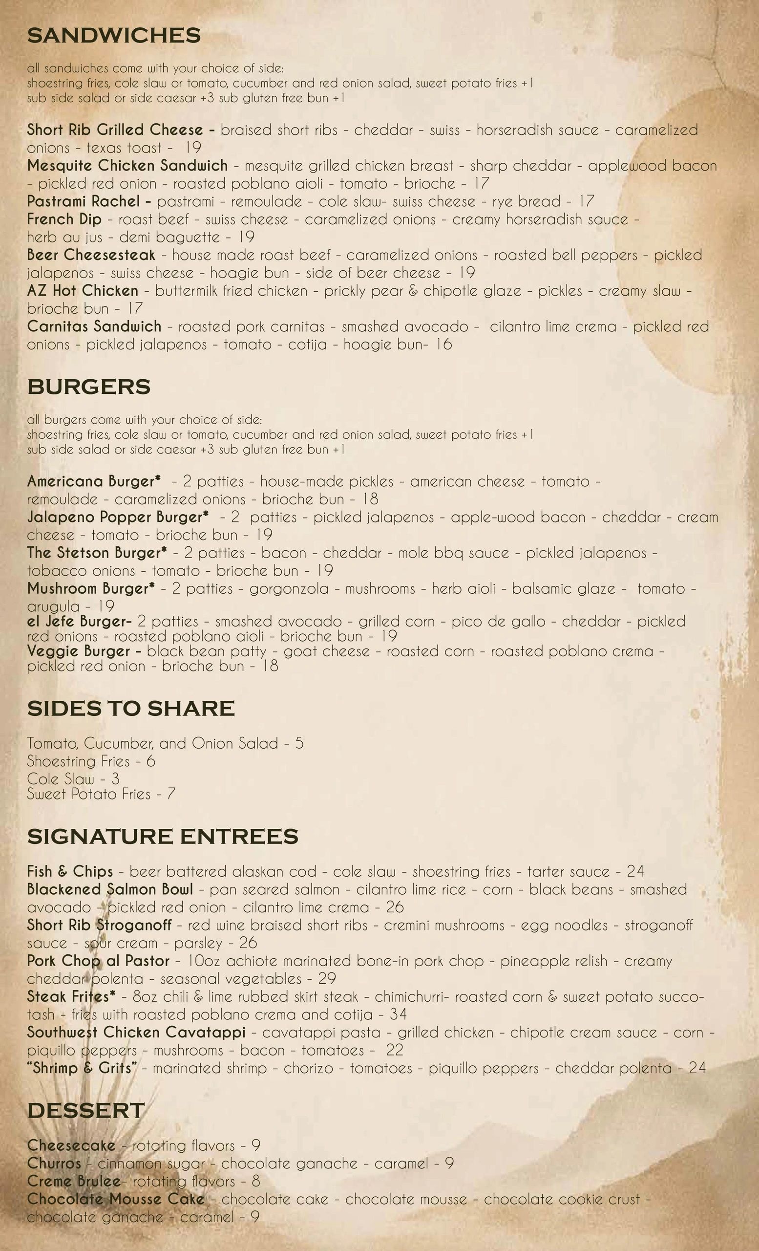Menu listing sandwiches, burgers, sides, signature entrees, and desserts.