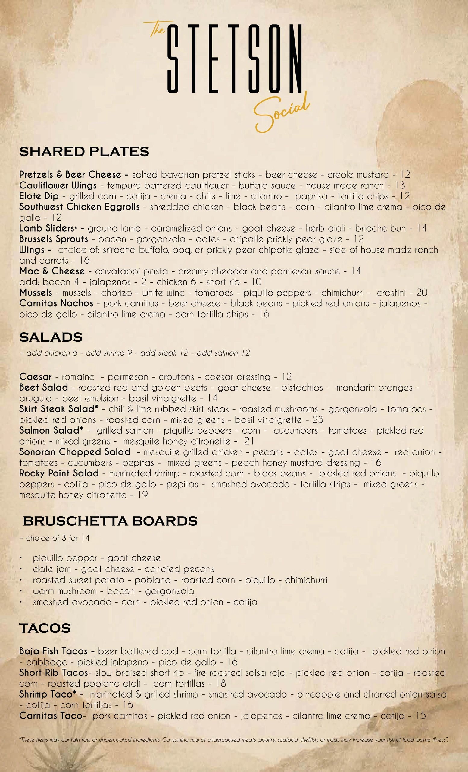 Menu from The Stetson Social featuring shared plates, salads, bruschetta boards, and tacos.