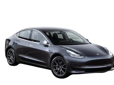 A sleek black Tesla Model 3 electric car.
