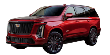 Red luxury Cadillac SUV with sleek design and black accents.