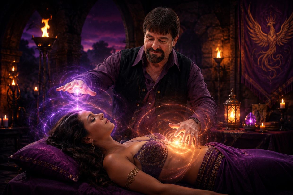 A man performing mystical healing on a woman in a dimly lit room.