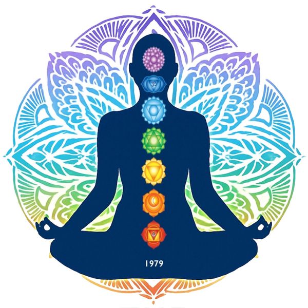 Silhouette meditating with colorful chakras aligned along the spine.