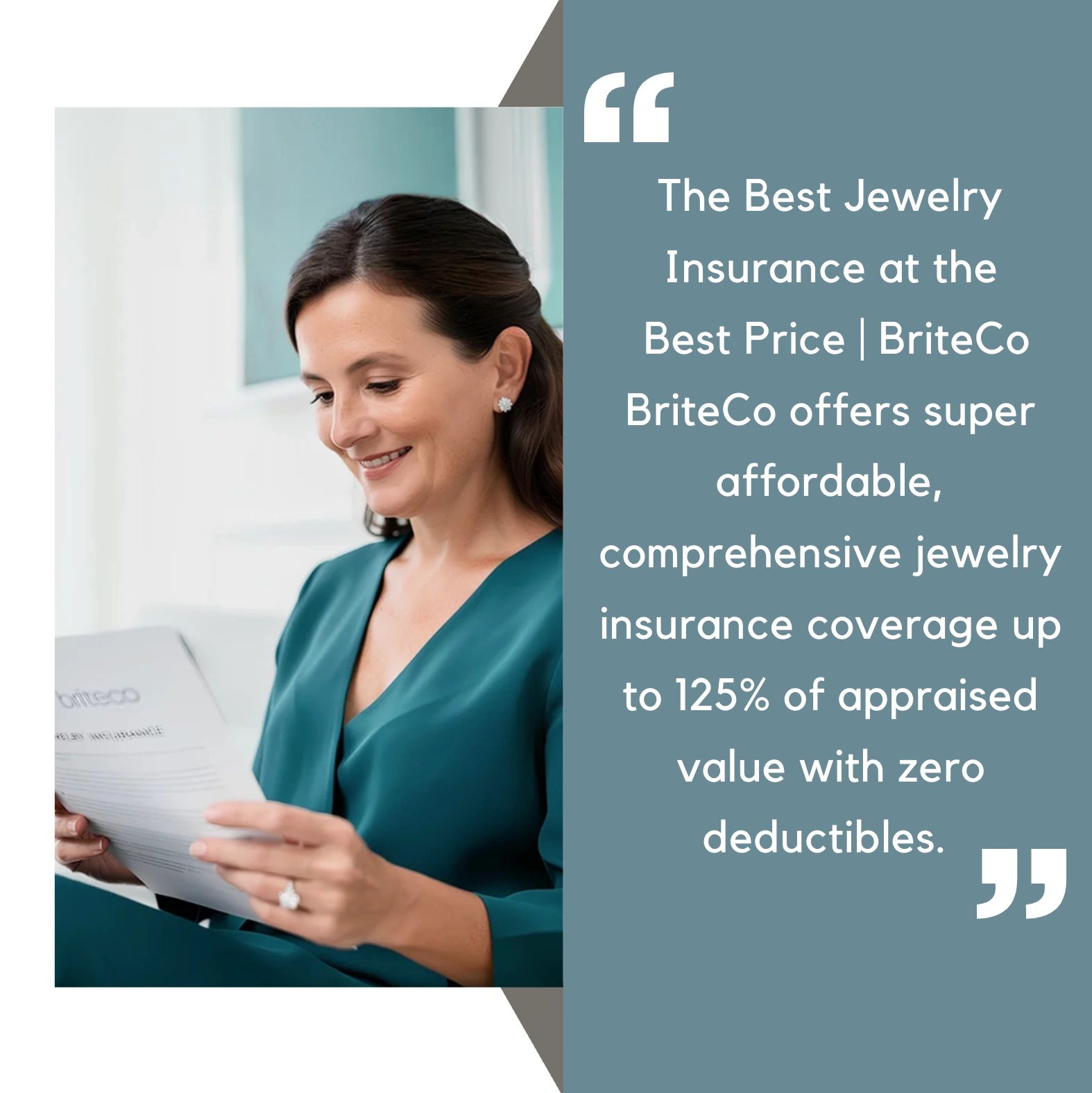 Smiling woman reading jewelry insurance documents from BriteCo.