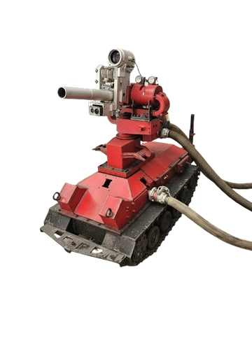 A small red firefighting robot with tracks and hoses.