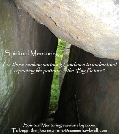 Narrow rocky passage with spiritual mentoring text overlay.