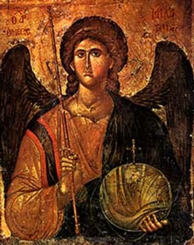 Archangel Michael Clearing prayer icon with staff and globe surmounted by cross