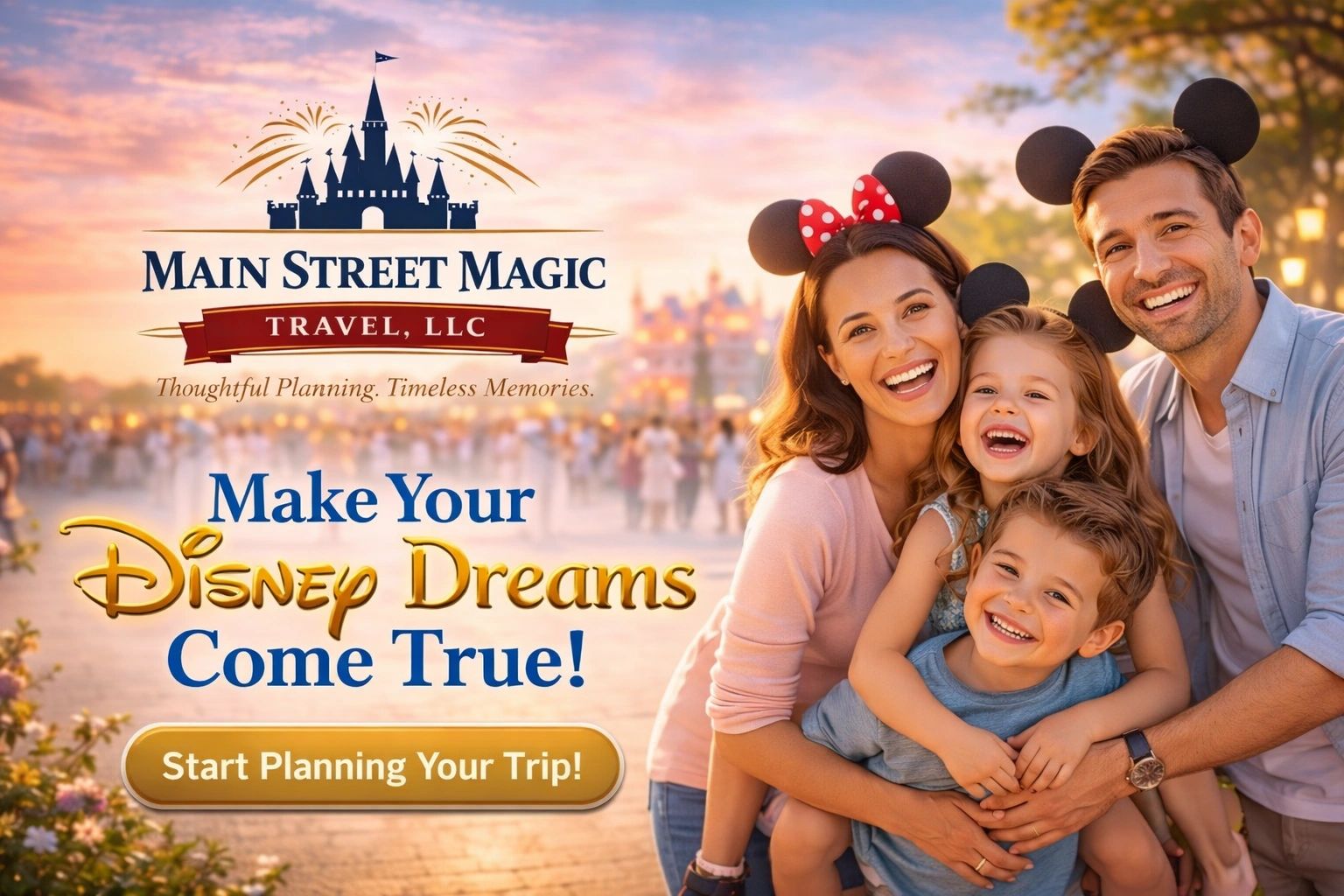 Happy family at Disney with Mickey ears, promoting magical travel planning.