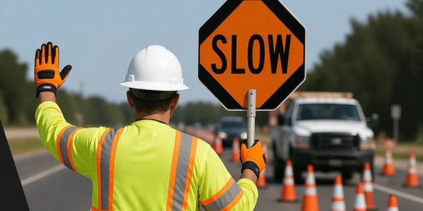 Worker holding a slow sign directing traffic at a road construction site.