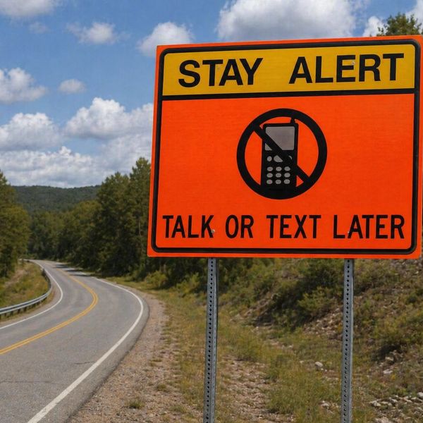 Bright road sign urges drivers to stay alert and avoid phone use.