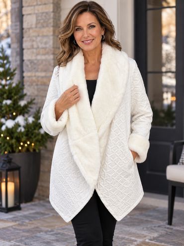 Woman wearing a white textured coat with a fur collar.