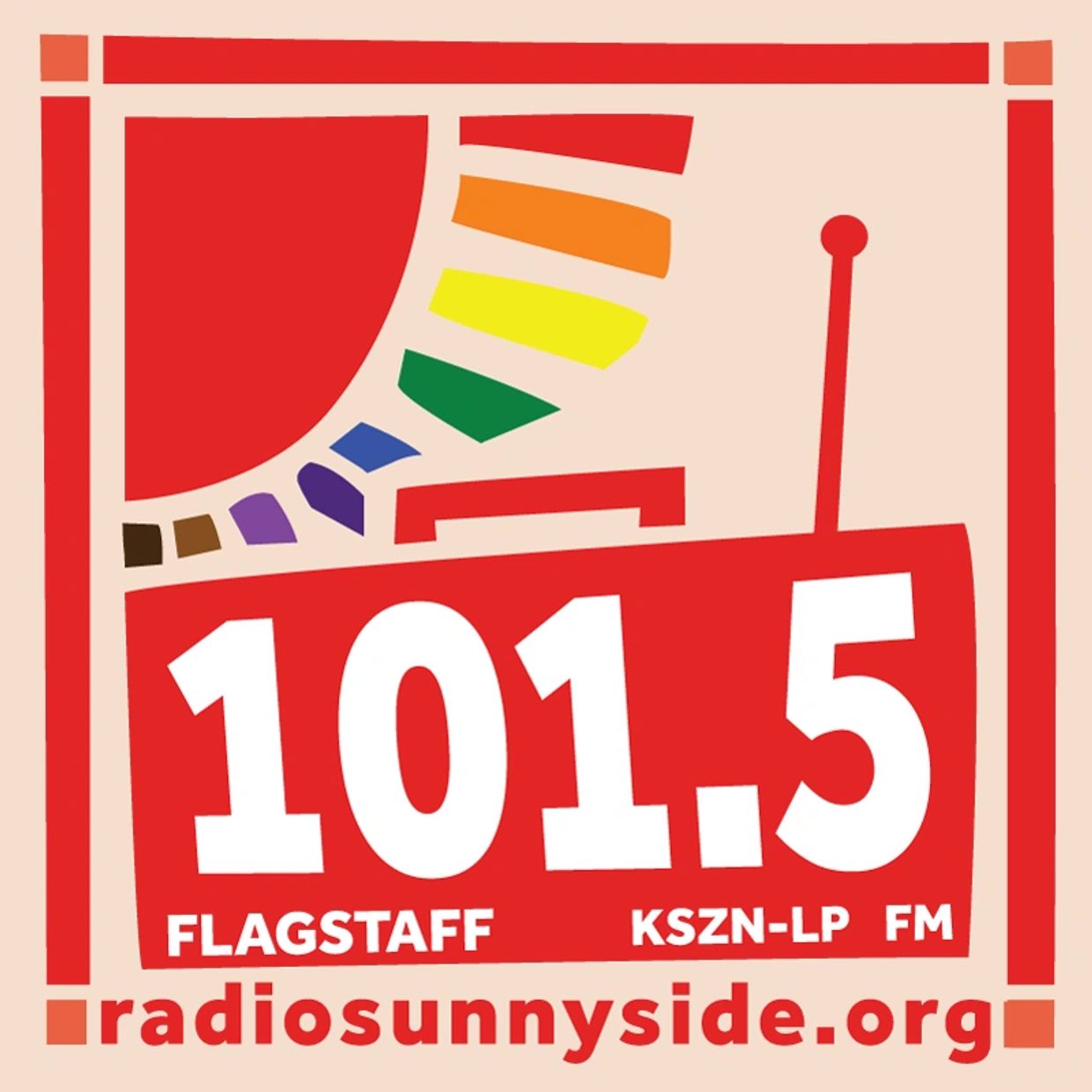Logo of Radio Sunnyside 101.5 with abstract sun and boombox on a cream background and red outline.