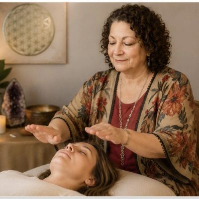 Woman performing energy healing on a relaxed person.